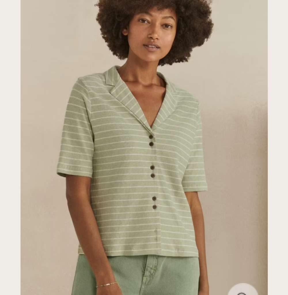 POETRY Striped Shirt Green Sage White Double Button Hemp Organic Cotton 12 L